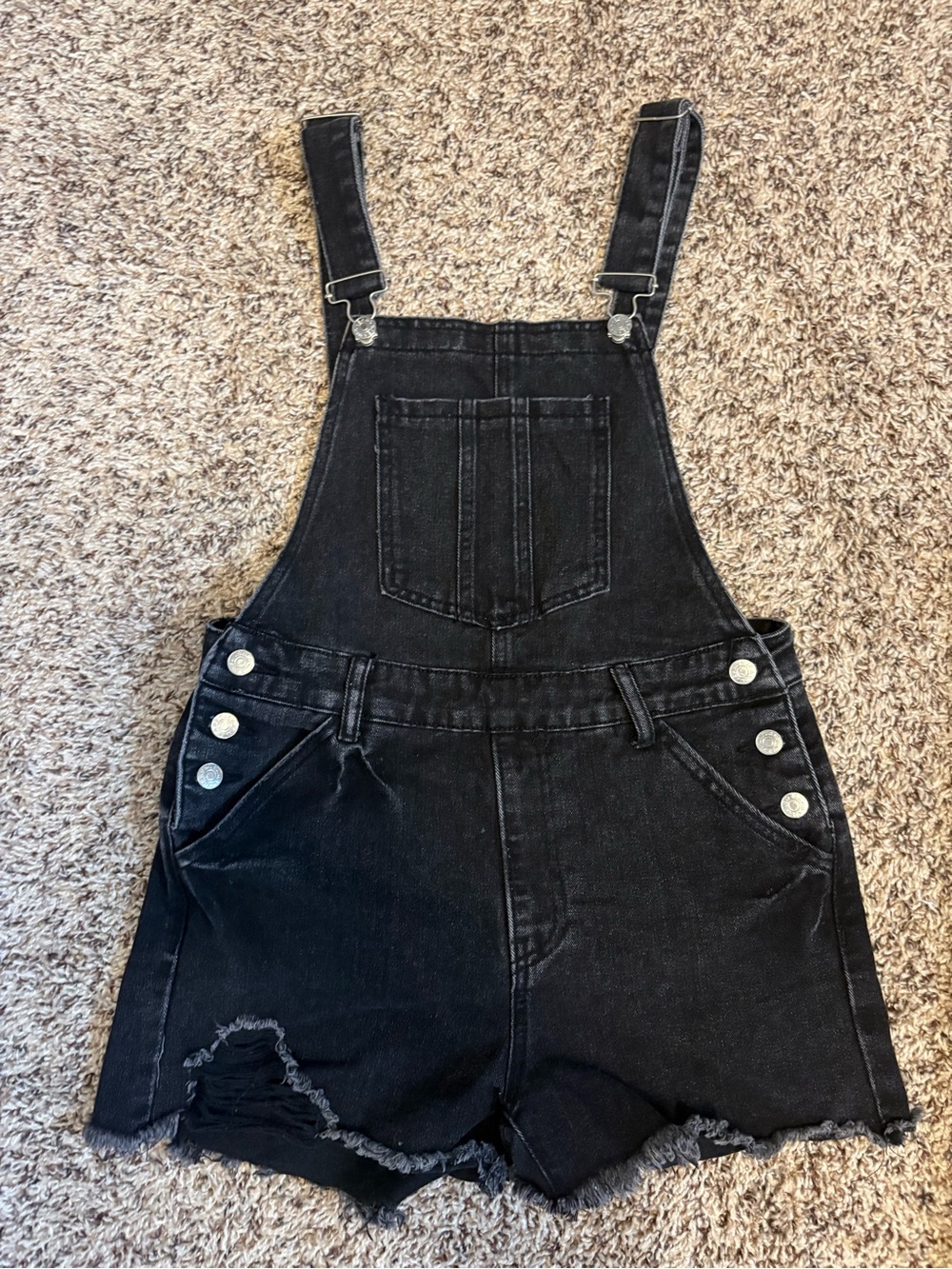 SHEIN Black Distressed Denim Short Overalls with Silver Hardware